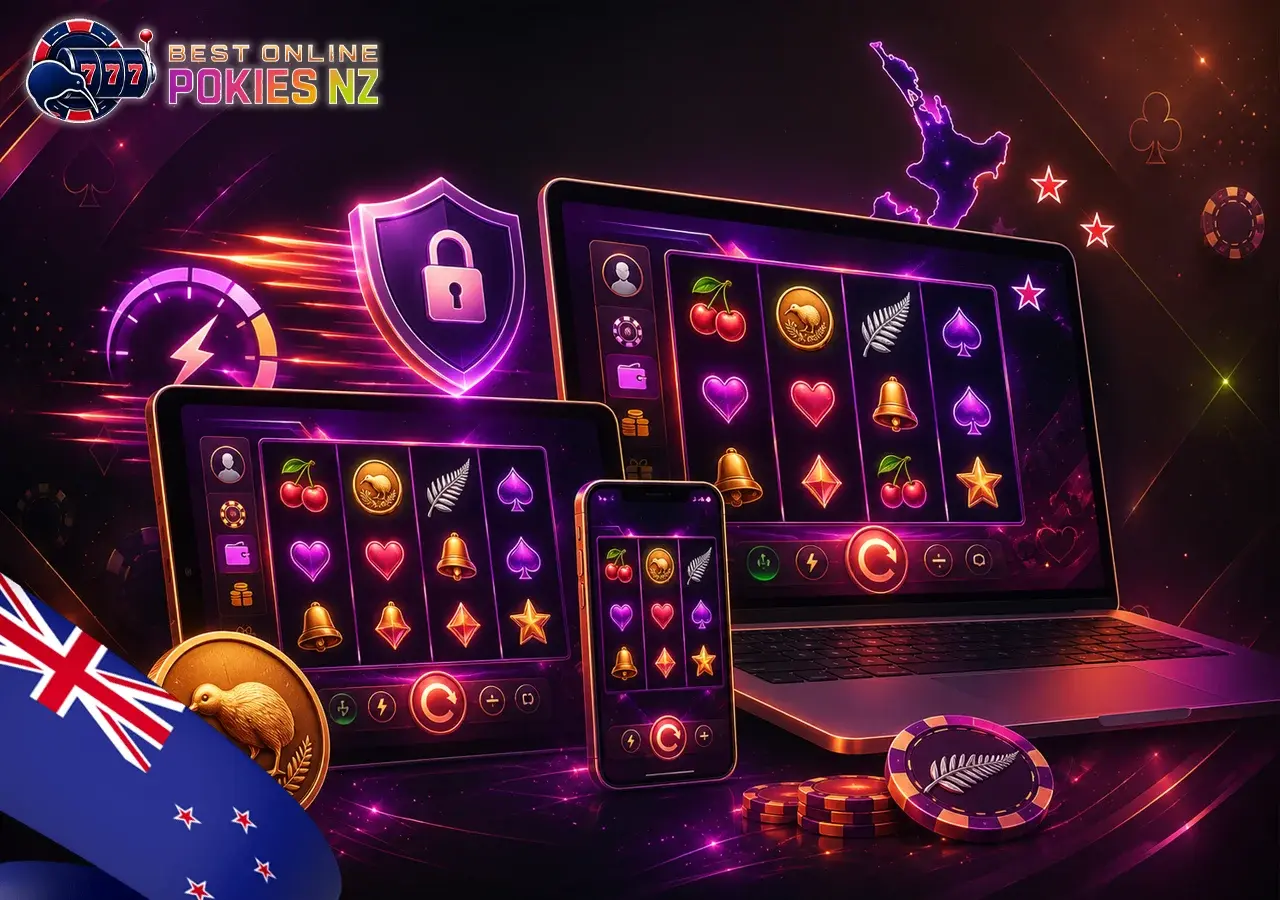 Mobile online pokies in New Zealand on smartphone, tablet, and laptop with HTML5 interface