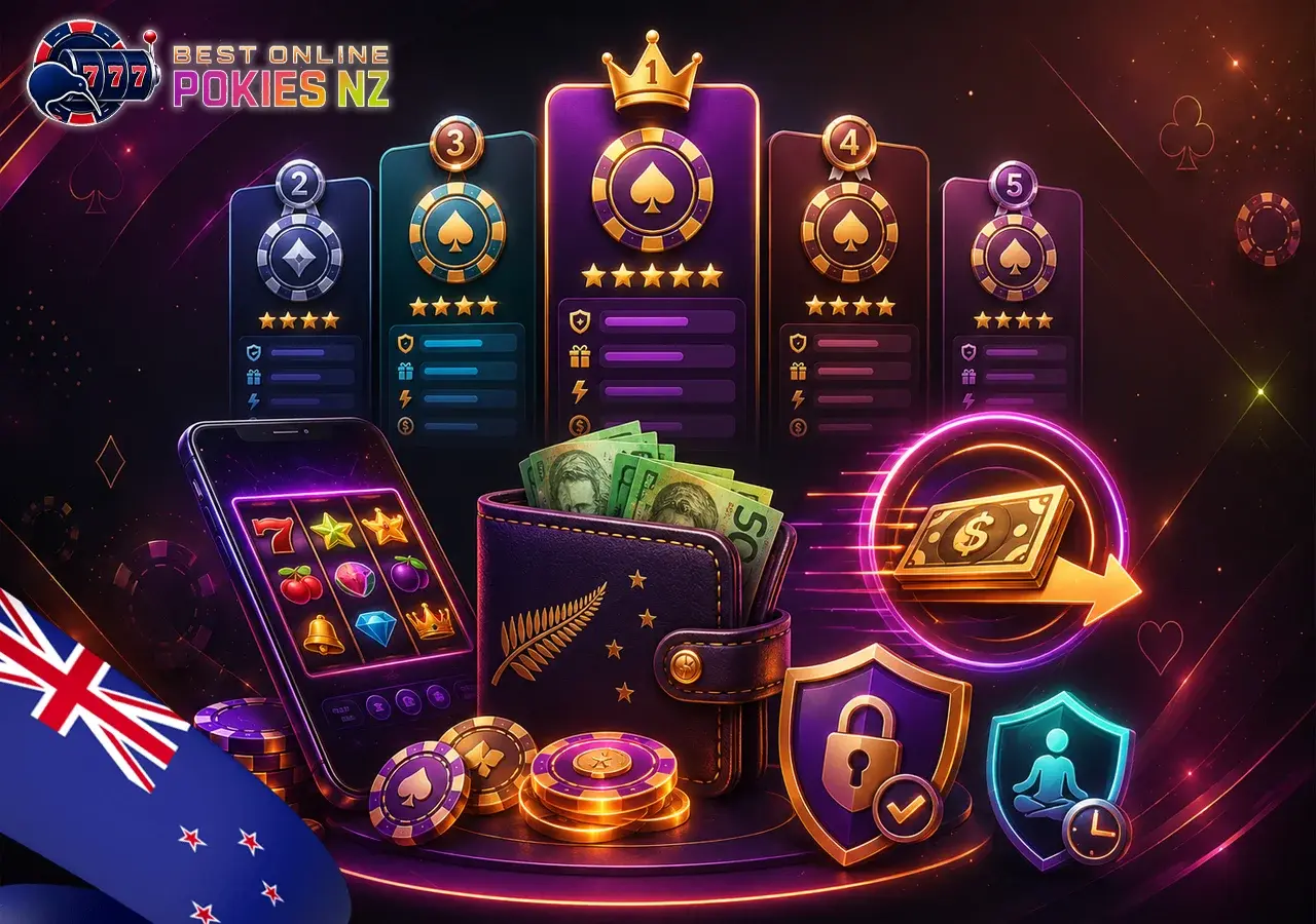 Final overview of Best Online Pokies NZ in 2026 with top casino cards, NZD wallet, bonuses, payouts, and safe play